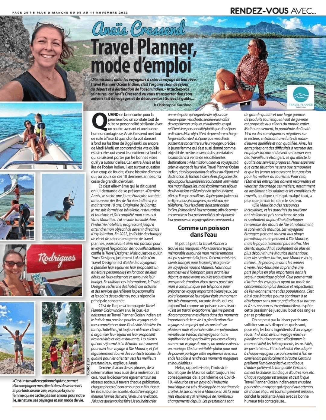 Article de 5-Plus Dimanche du 9 novembre 2023 : Anaïs Cressend, Travel Planner, mode d’emploi