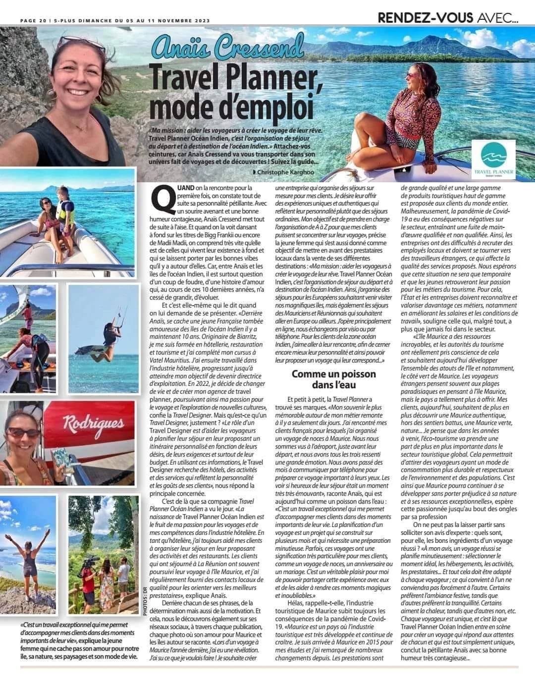Article de 5-Plus Dimanche présentant Anaïs Cressend et son métier de travel planner