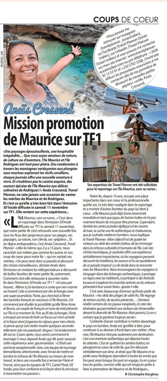 Article de 5-Plus Dimanche du 20 novembre 2023 : Mission promotion de Maurice sur TF1
