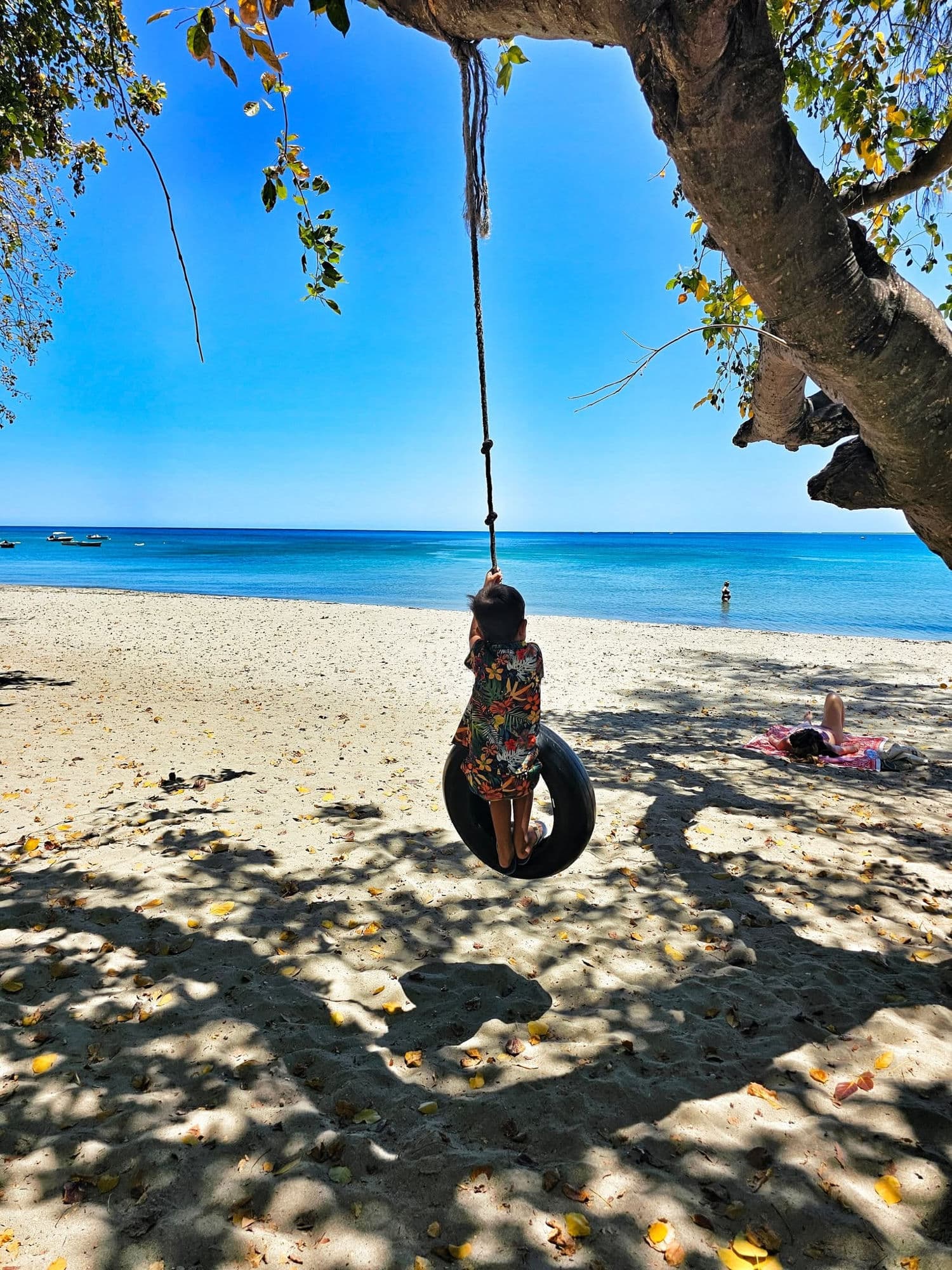 Simon sur une balançoire face à la plage de Tamarin